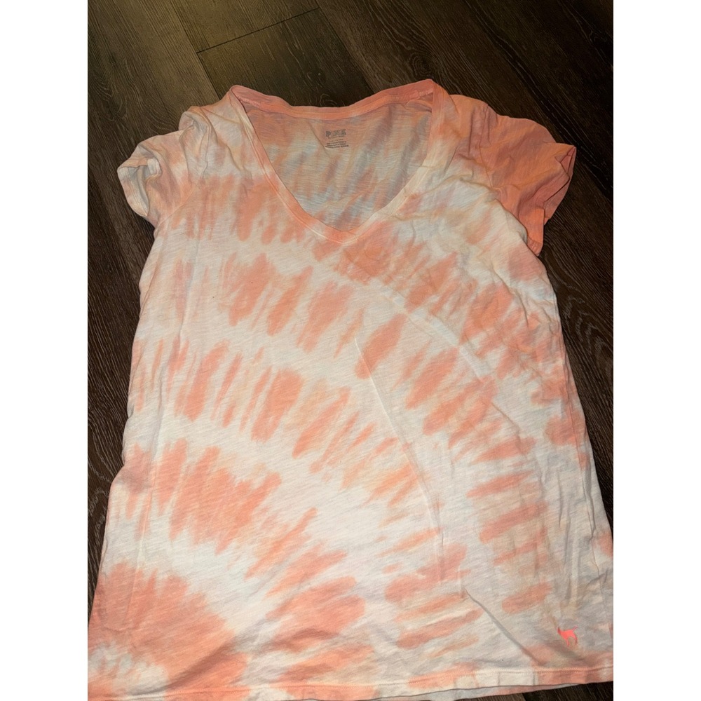 Victoria's Secret PINK Orange White Tie Dye‎ V-Neck T-Shirt Women's Large L